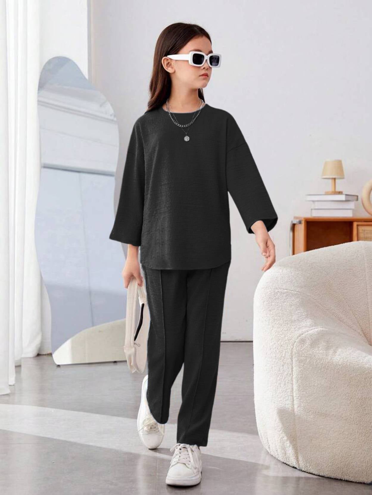 KOTTY  Girls Maxi/Full Length Casual Dress  (Black, Full Sleeve)