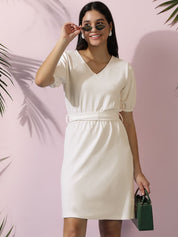 Kotty Women Solid Puff Sleeves A-Line Dress