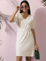 Kotty Women Solid Puff Sleeves A-Line Dress