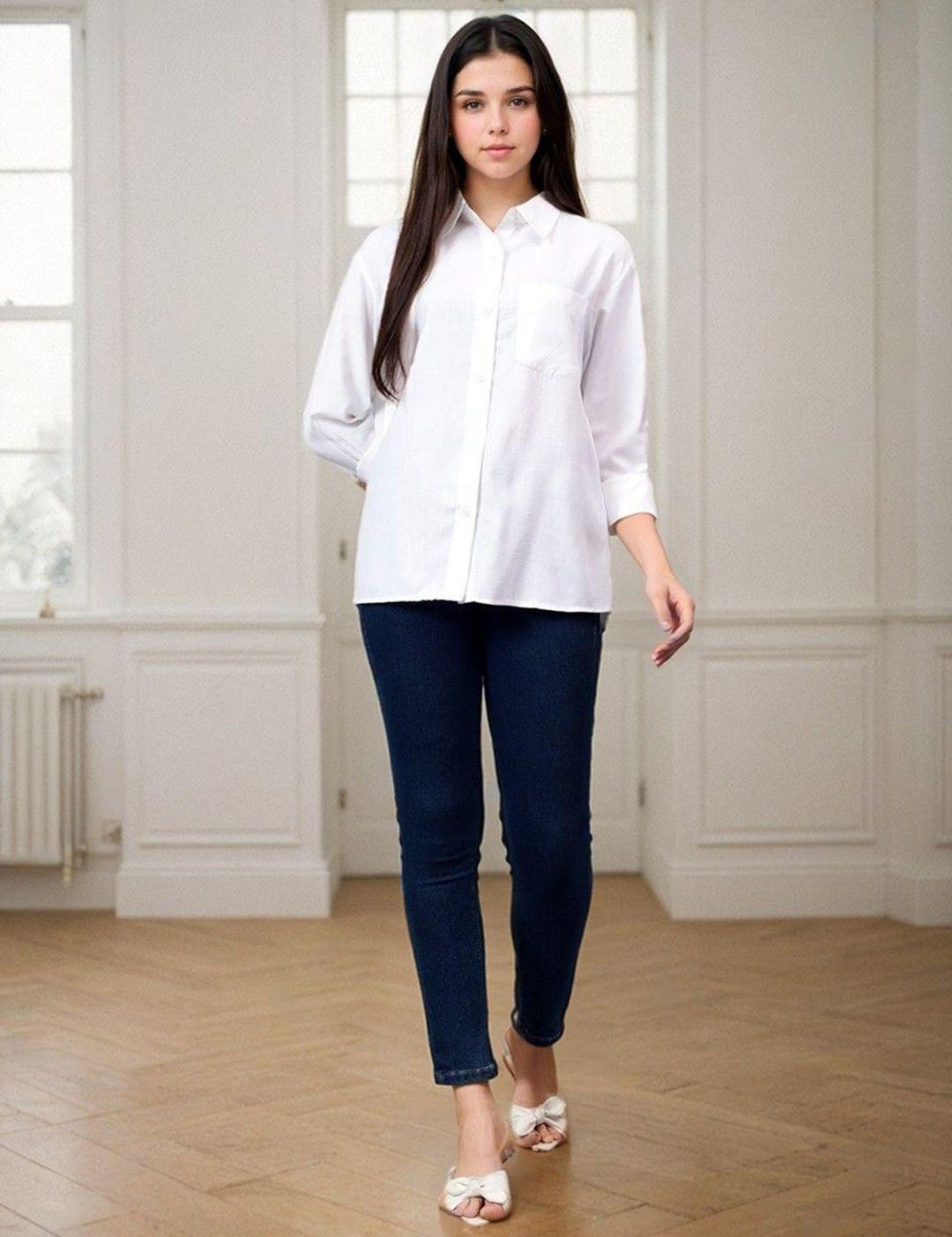 Kotty Women Spread Collar Solid Cotton Relaxed Fit Casual Shirt