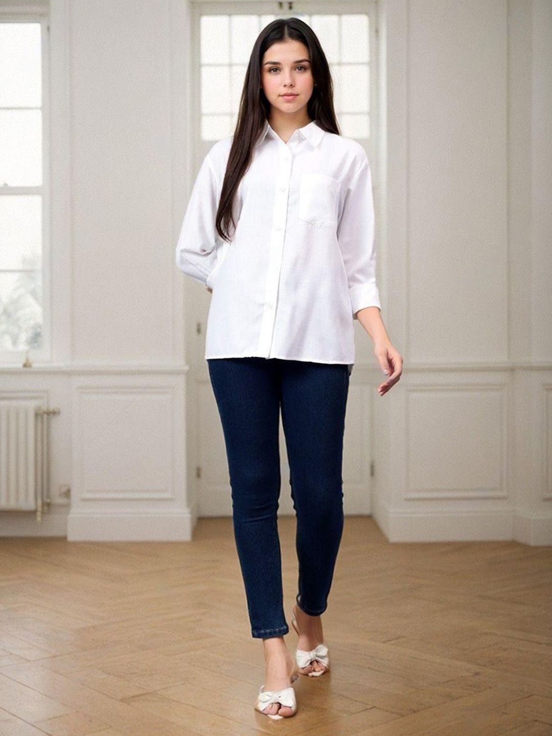 Kotty Women Spread Collar Solid Cotton Relaxed Fit Casual Shirt