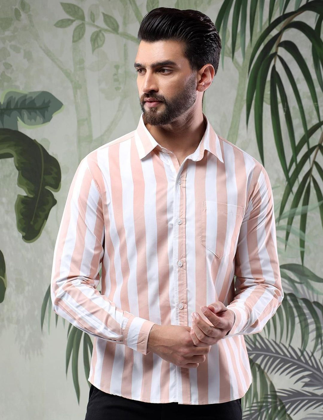 Kotty Men Spread Collar Vertical Striped Casual Shirt