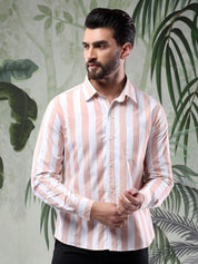 Kotty Men Spread Collar Vertical Striped Casual Shirt