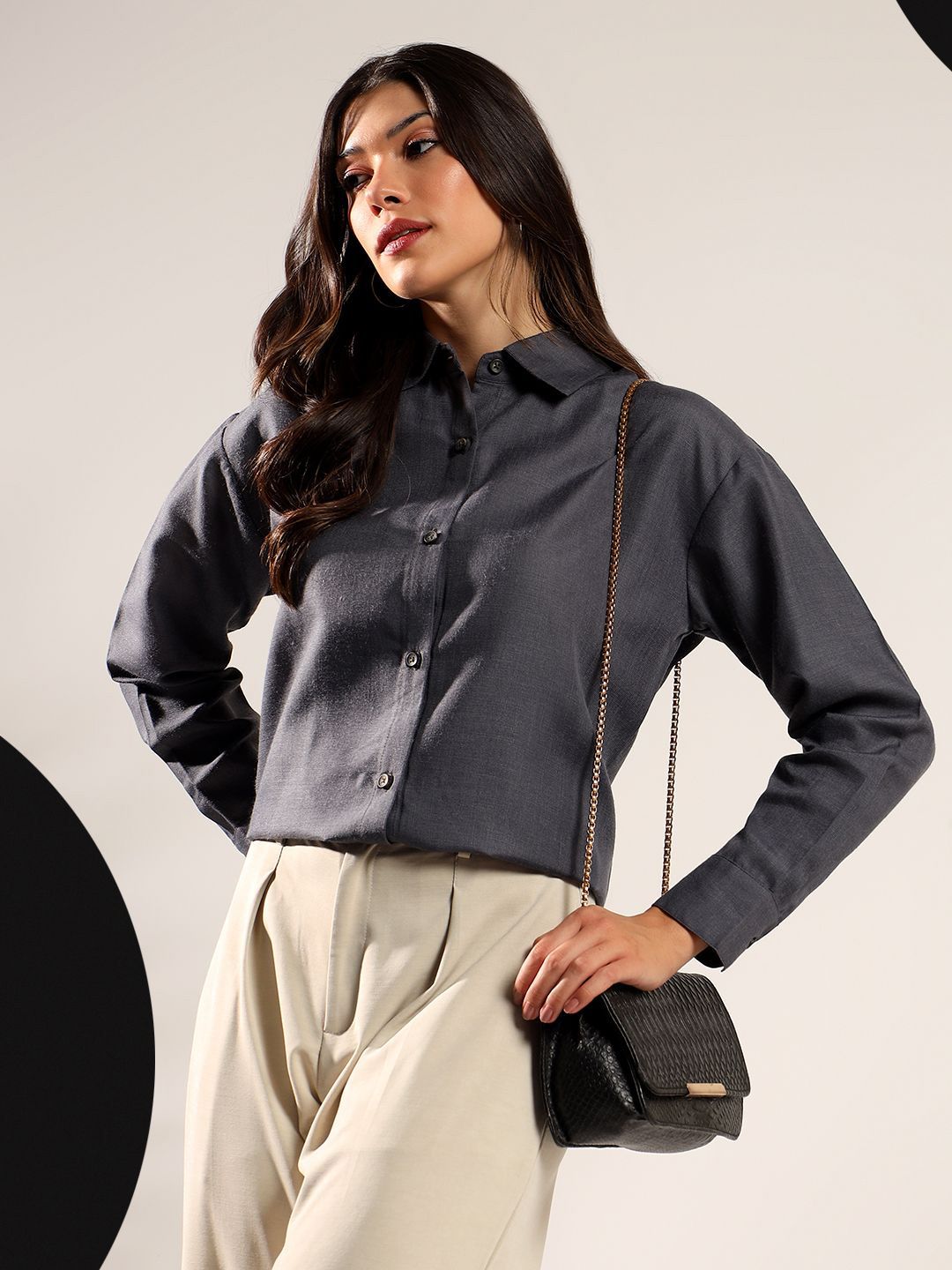 Kotty Women Relaxed Fit Solid Spread Collar Cotton Casual Shirt