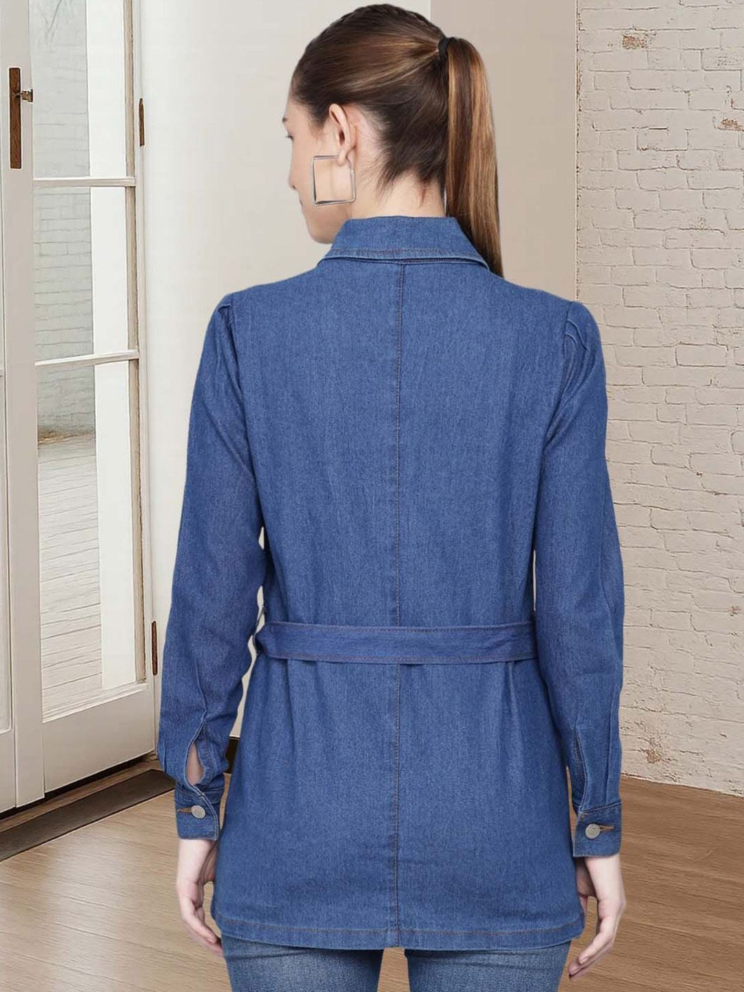 Kotty Women Spread Collar Solid Denim Jacket