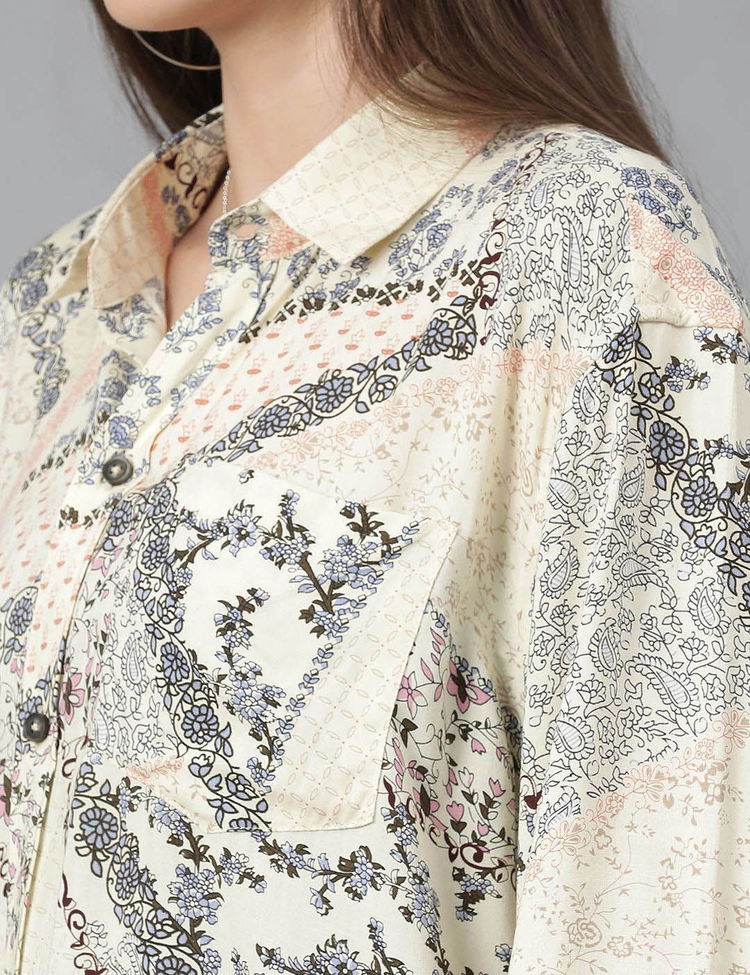 Kotty Women Spread Collar Floral Printed Cotton Oversized Casual Shirt