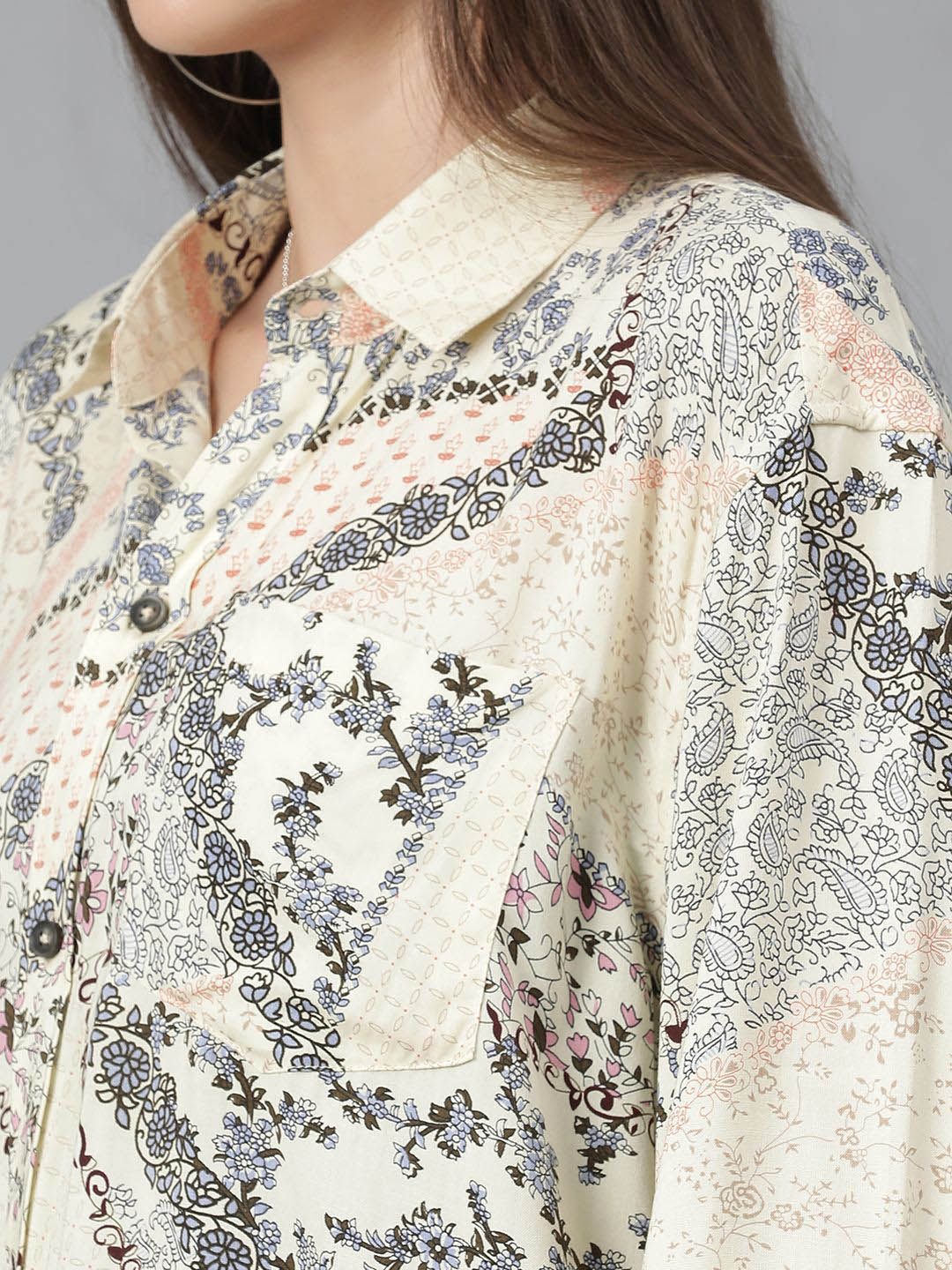 Kotty Women Spread Collar Floral Printed Cotton Oversized Casual Shirt