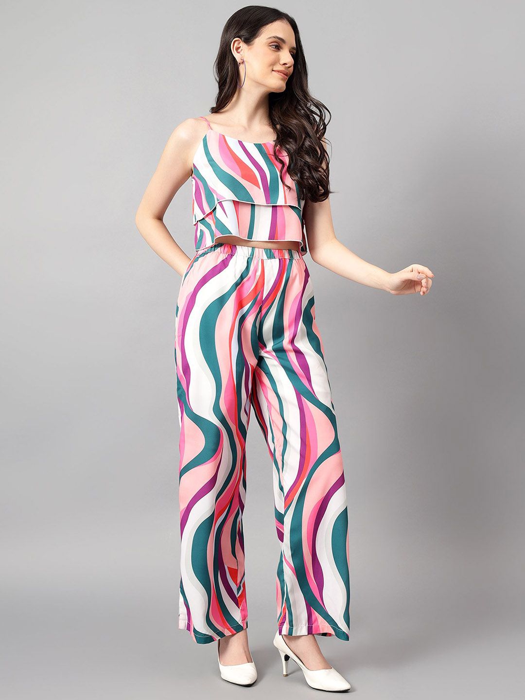 Kotty White & Pink Printed Top With Trouser