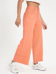 Kotty Women Clean Look Wide Leg High-Rise Frayed Denim Cotton Stretchable Jeans