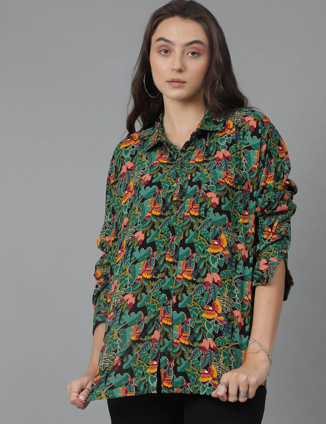 Kotty Women Spread Collar Floral Printed Cotton Oversized Casual Shirt