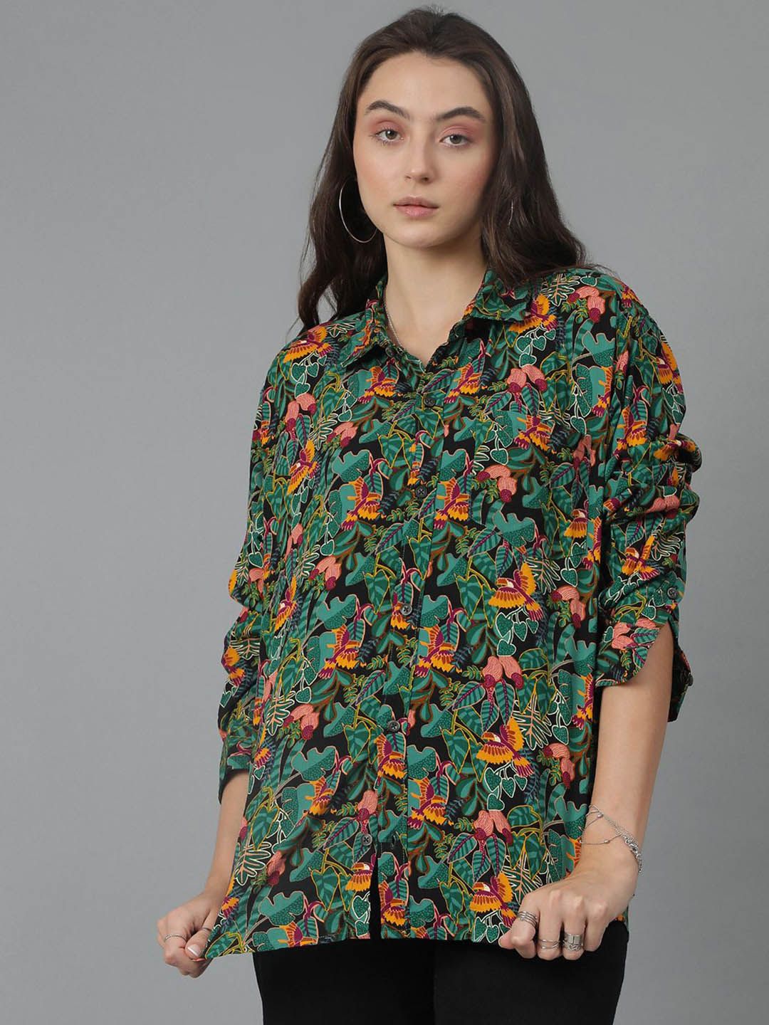 Kotty Women Spread Collar Floral Printed Cotton Oversized Casual Shirt