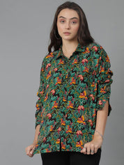 Kotty Women Spread Collar Floral Printed Cotton Oversized Casual Shirt