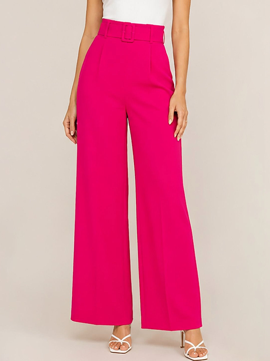 Pink Wide Leg High-Rise Trousers for Women – Trendy Solid Design | Kotty