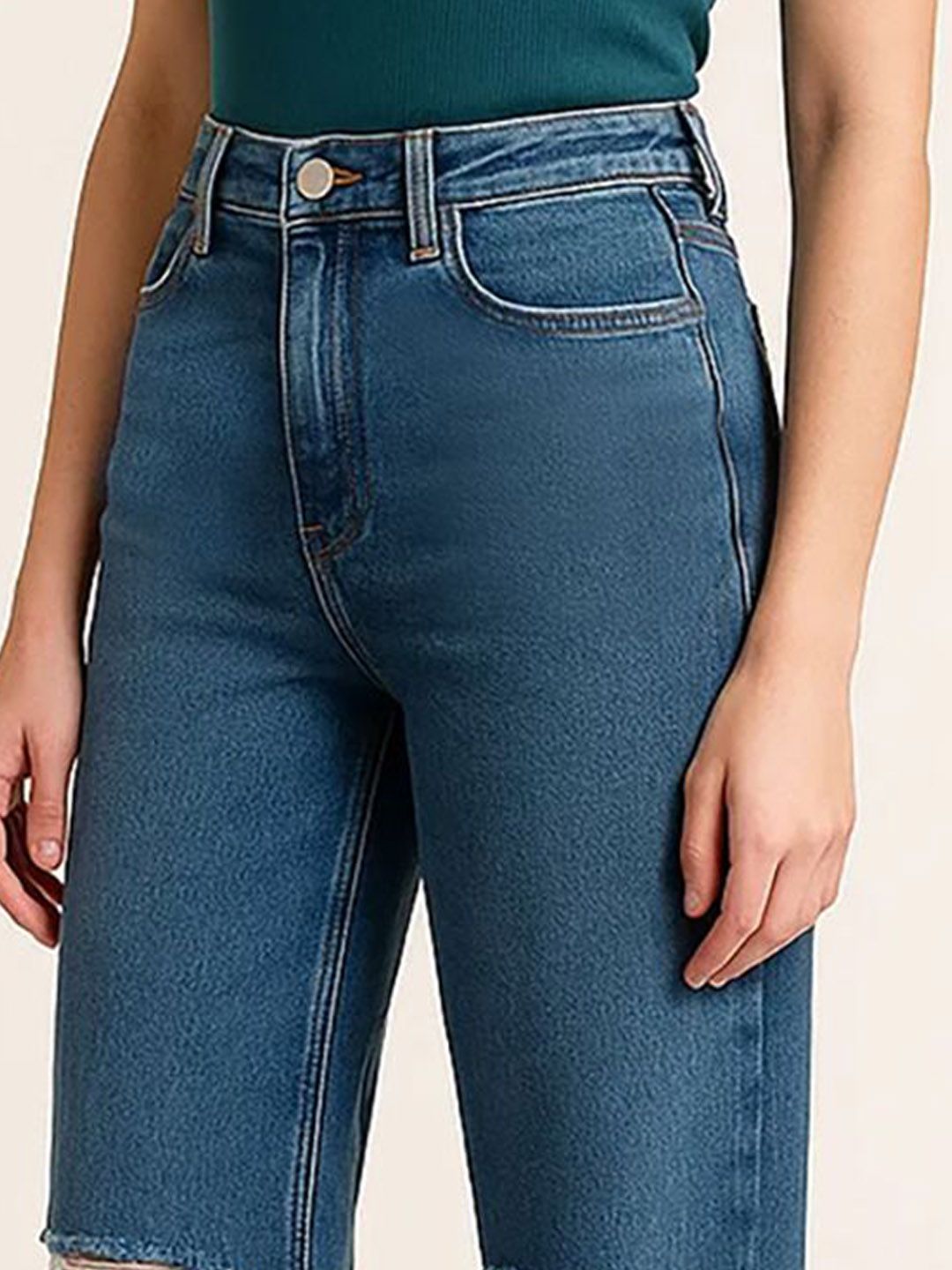 Kotty Womens Dark Blue High-Rise Straight Fit Distress Jeans