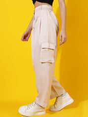 Kotty Women Relaxed Straight Leg Straight Fit High-Rise Easy Wash Pleated Cargos Trousers