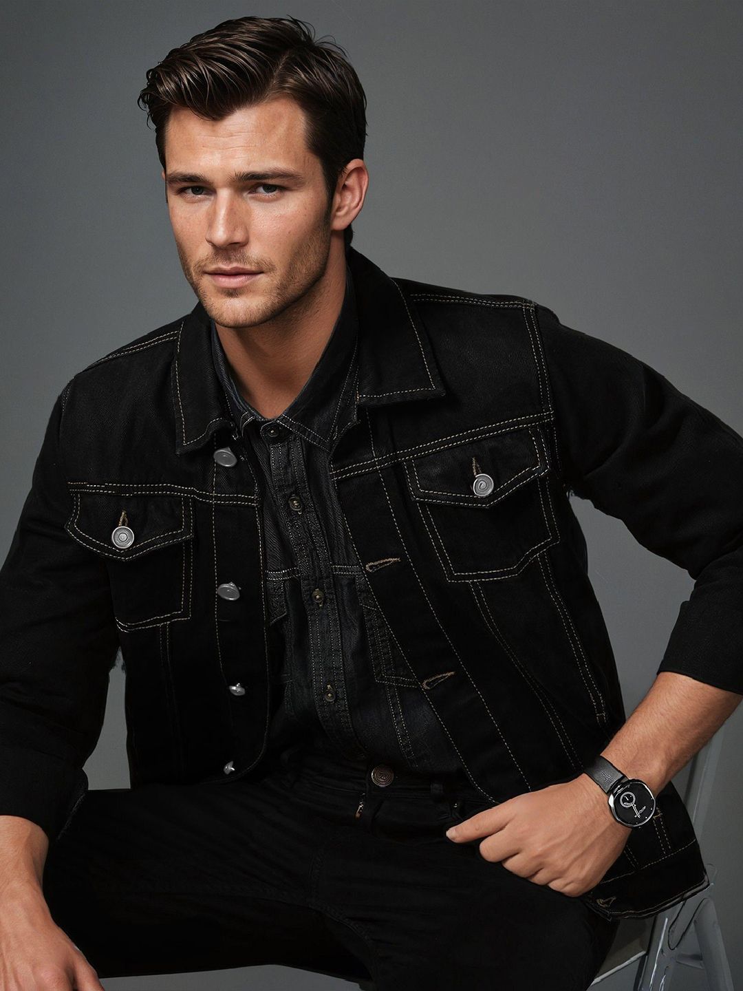 Kotty Men Solid Spread Collar Denim Jacket