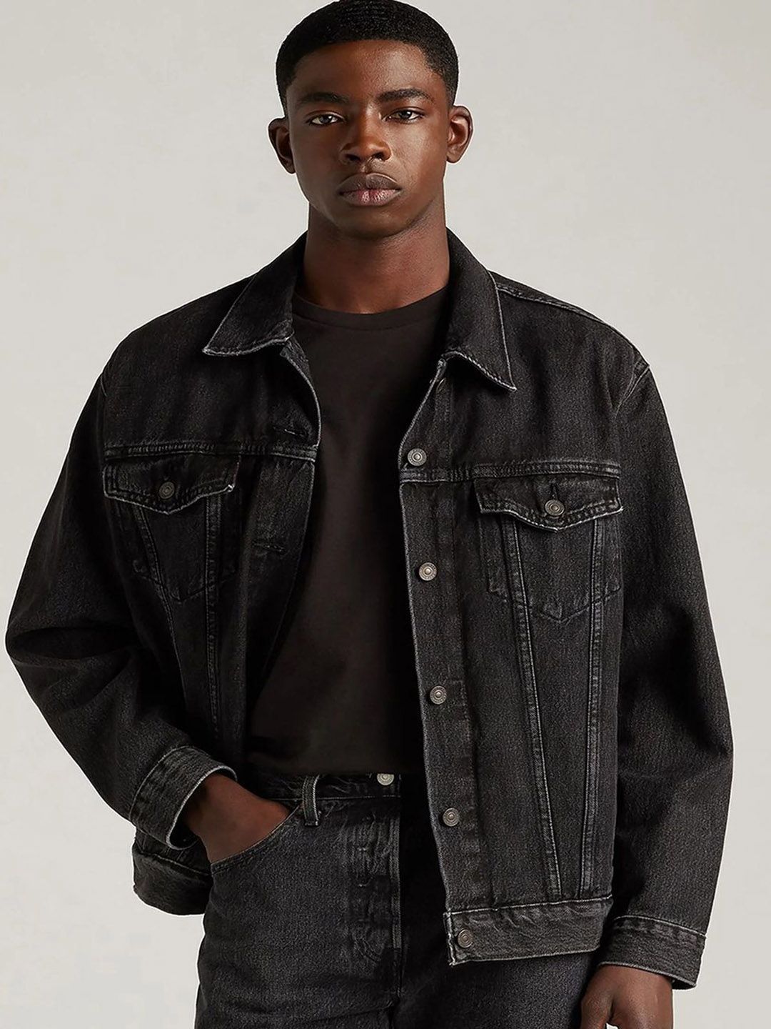 Kotty Men Spread Collar Solid Denim Jacket