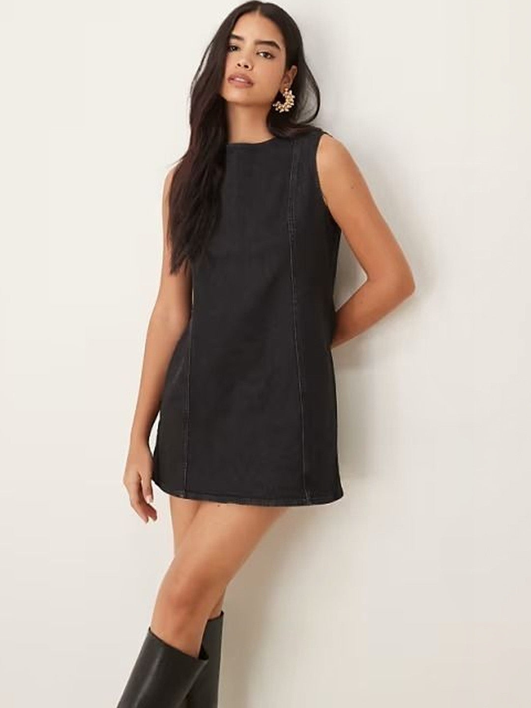 Kotty women jet black denim A-line mini dress