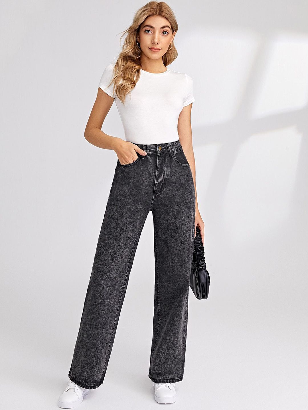 Kotty Women Wide Leg High-Rise No Fade Clean Look Non Stretchable Jeans