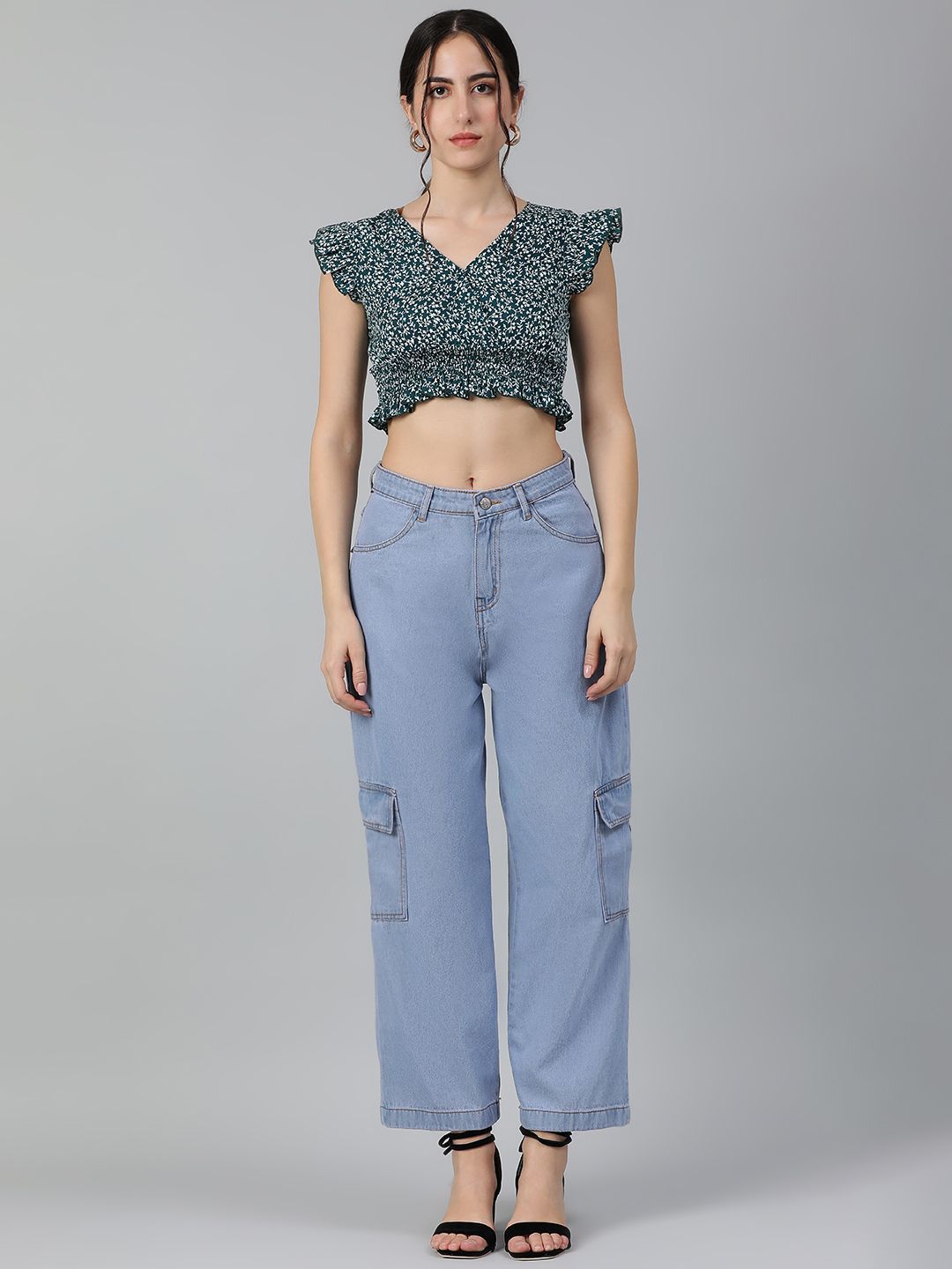 Kotty Floral Print Flutter Sleeve Crepe Crop Top
