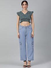 Kotty Floral Print Flutter Sleeve Crepe Crop Top