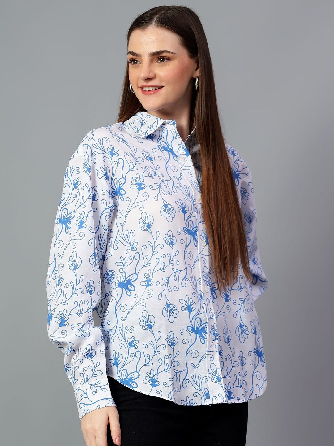 Kotty Women Comfort Spread Collar Floral Printed Cotton Oversized Casual Shirt