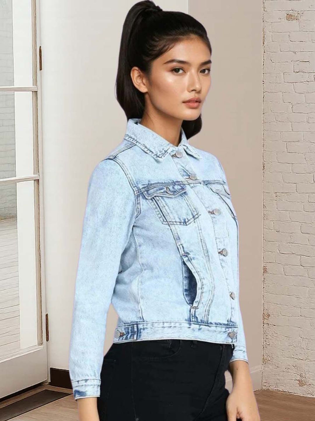 Kotty Women Spread Collar Solid Denim Jacket