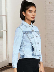 Kotty Women Spread Collar Solid Denim Jacket