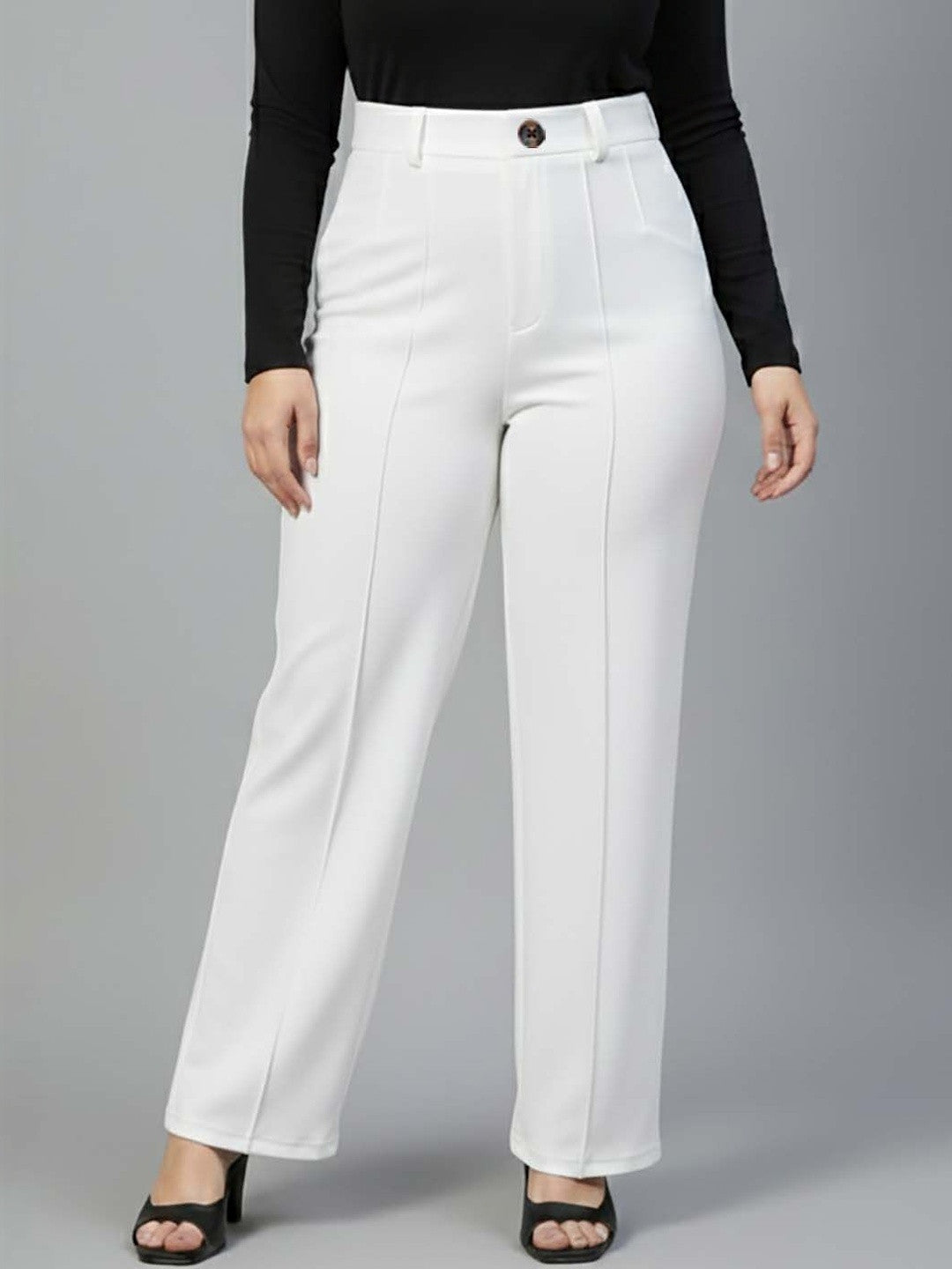 White Regular Fit High-Rise Pants for Women – Everyday Solid Design | Kotty