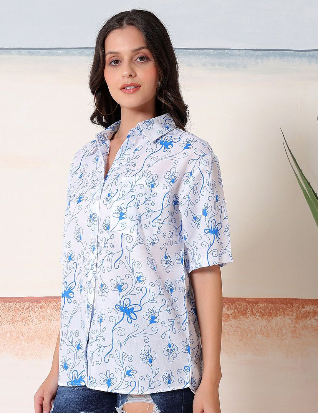 Kotty Women Comfort Fit Floral Printed Spread Collar Linen Casual Shirt
