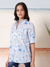 Kotty Women Comfort Fit Floral Printed Spread Collar Linen Casual Shirt