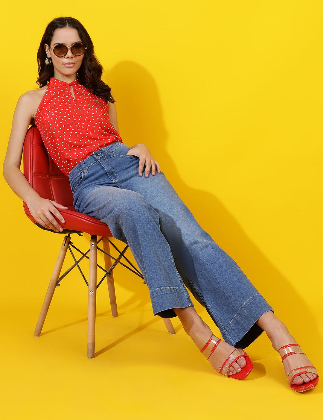 Kotty Polka Dot Print Halter Neck Crepe Top