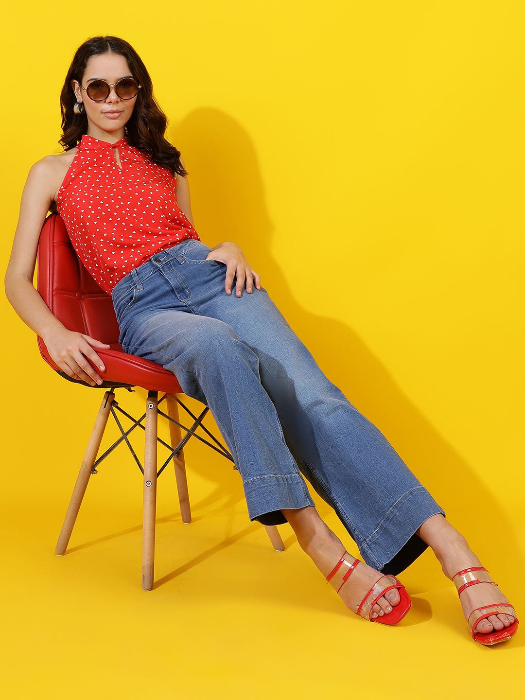 Kotty Polka Dot Print Halter Neck Crepe Top