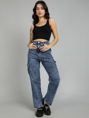 Kotty Women Straight Fit High-Rise Stretchable Cargo Jeans