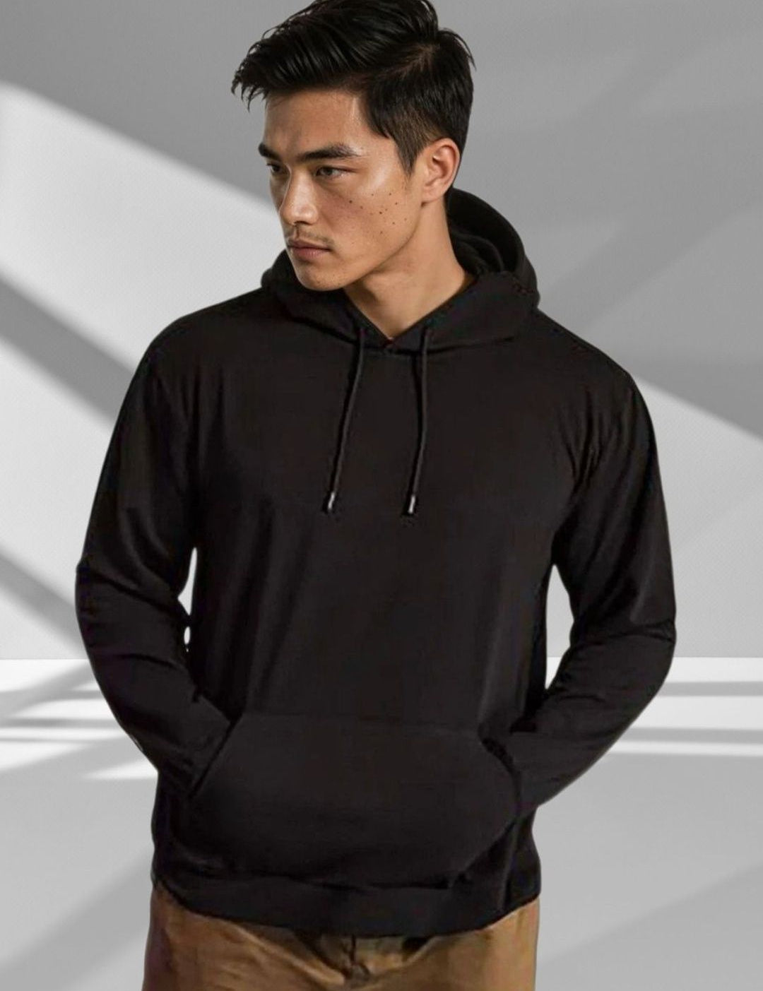 Kotty Men Hooded Solid Ribbed Cotton Pullover Sweatshirt