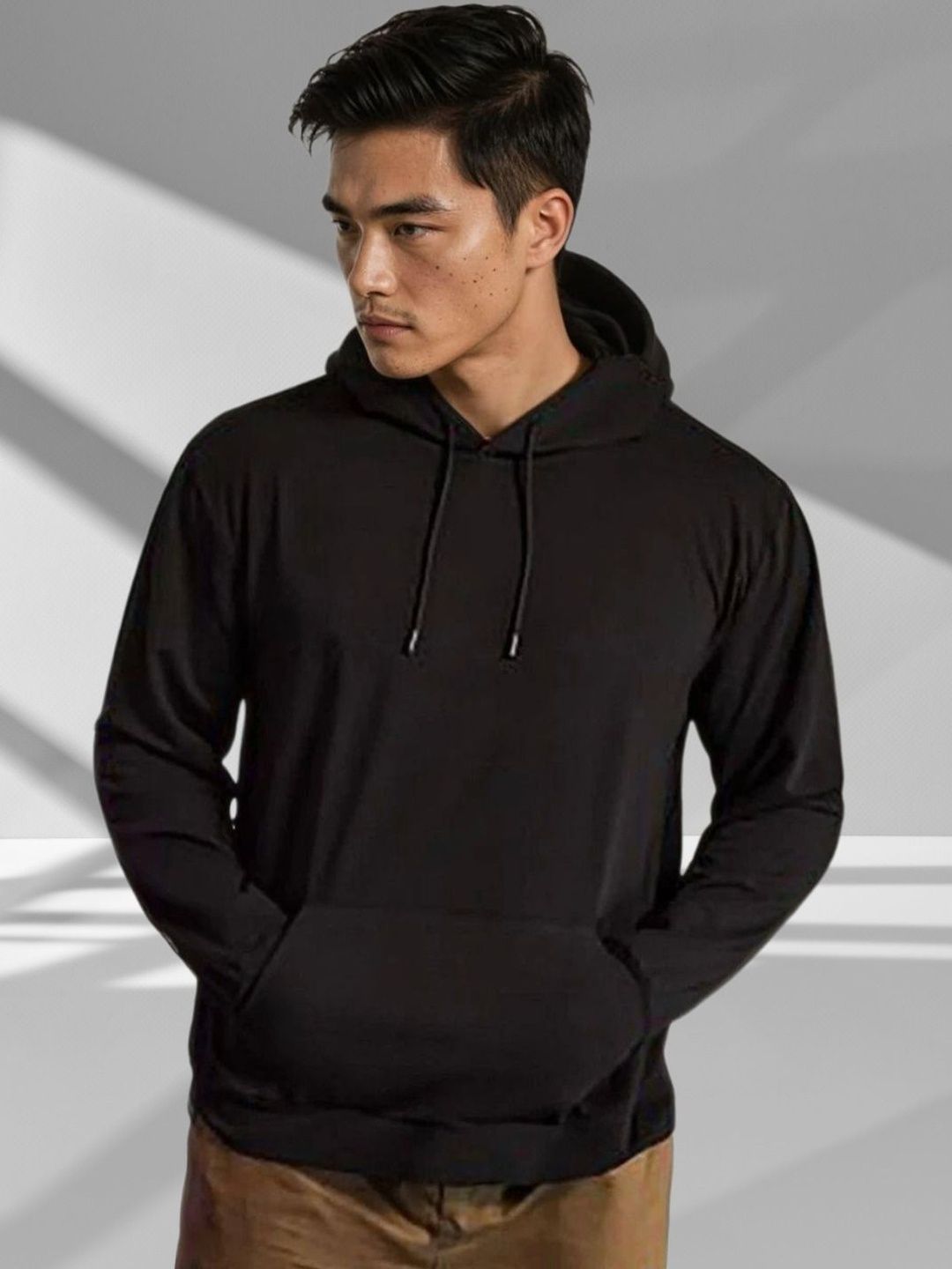 Kotty Men Hooded Solid Ribbed Cotton Pullover Sweatshirt