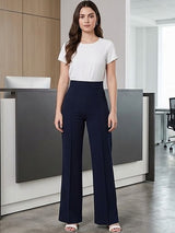Navy Blue Regular Fit High-Rise Trousers for Women | Kotty