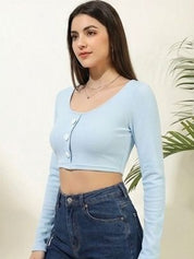 Kotty Top Indigo Blue Women's Crop Long-Sleeve Fashion