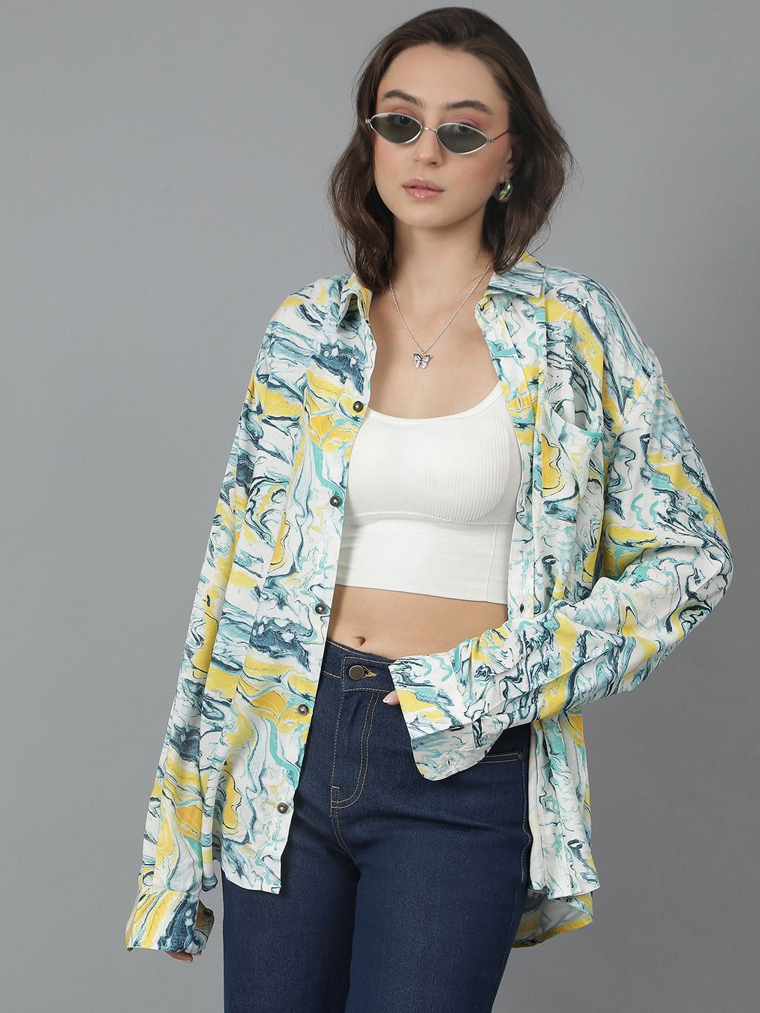 Kotty Women Spread Collar Floral Printed Cotton Oversized Casual Shirt