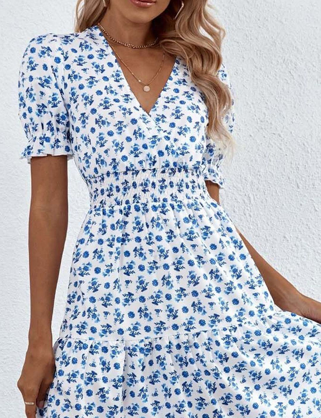 Kotty Women Floral Printed Puff Sleeves Smocked Wrap Midi Dress