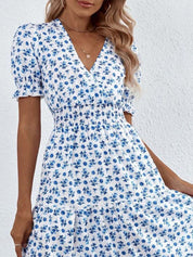 Kotty Women Floral Printed Puff Sleeves Smocked Wrap Midi Dress