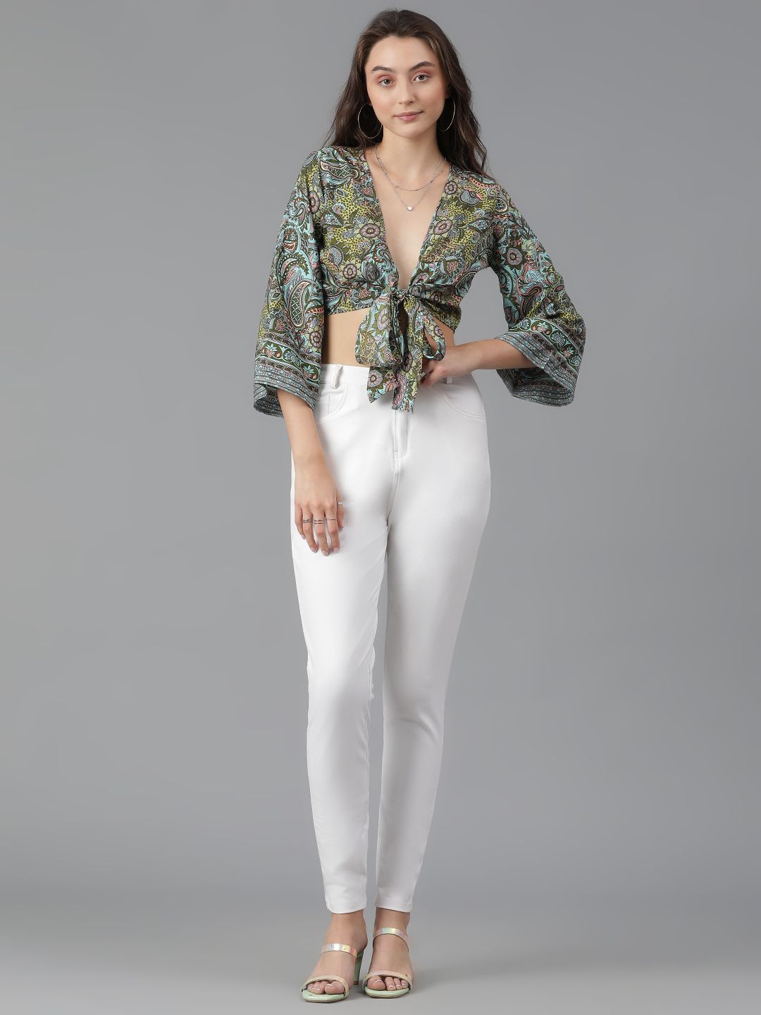 Kotty Print Flared Sleeve Crop Top