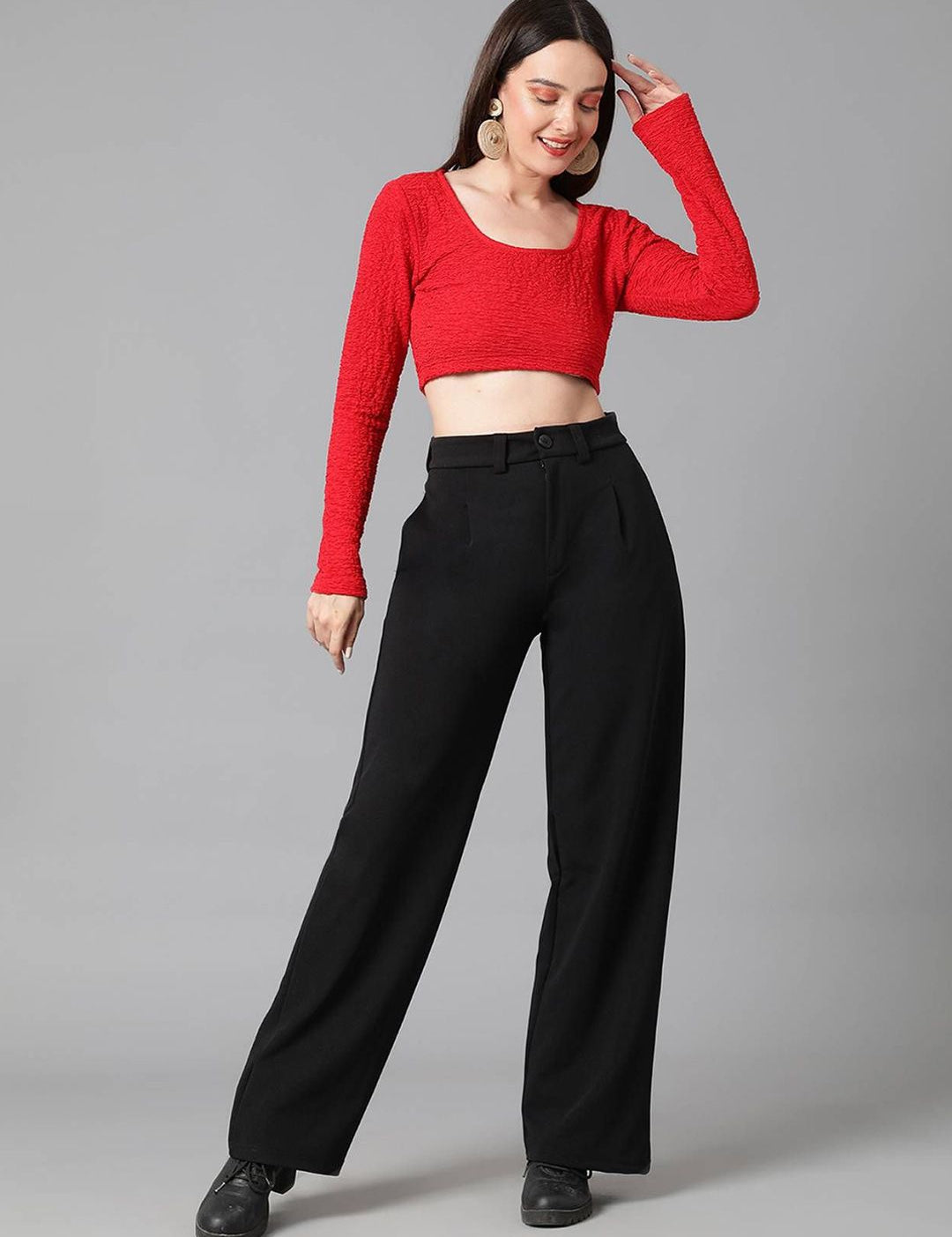 KOTTY Basics Women Relaxed Straight Leg Relaxed Fit High-Rise Easy Wash Trousers