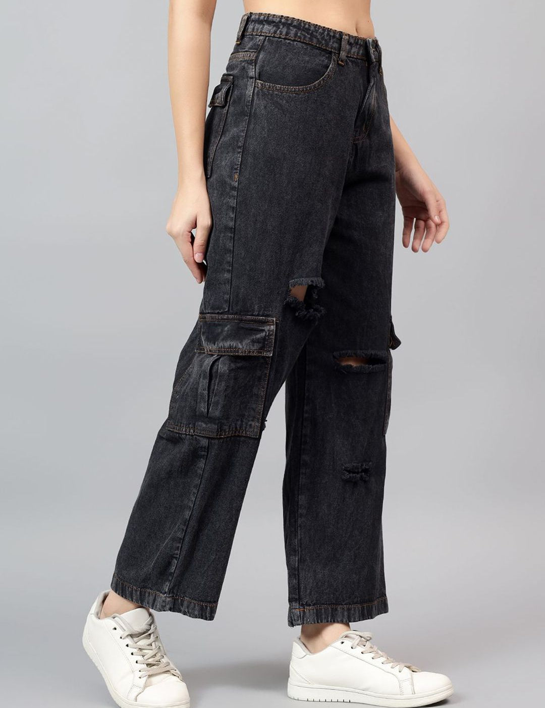 Kotty Women Straight Fit High-Rise Low Distress Stretchable Cargo Jeans