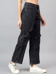 Kotty Women Straight Fit High-Rise Low Distress Stretchable Cargo Jeans