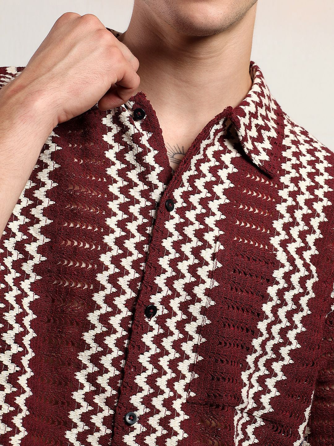 Kotty Men Vertical Stripes Self Design Cotton Sheer Casual Shirt