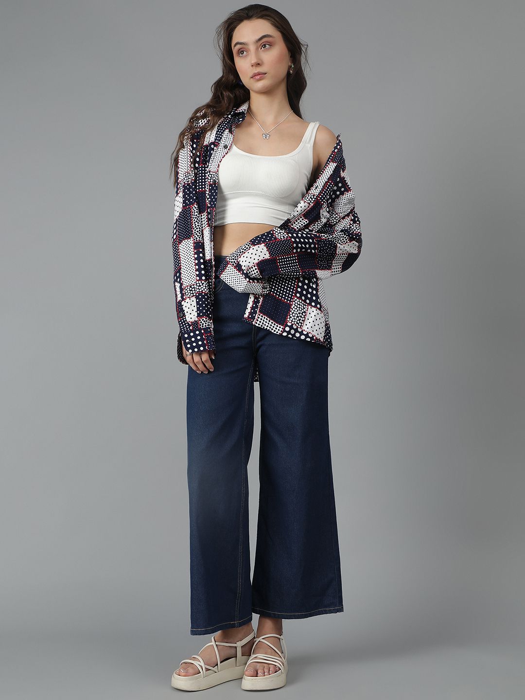 Kotty Women Spread Collar Abstract Printed Cotton Oversized Casual Shirt