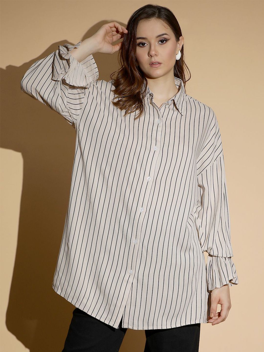 Kotty Women Comfort Spread Collar Vertical Striped Cotton Oversized Casual Shirt