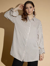 Kotty Women Comfort Spread Collar Vertical Striped Cotton Oversized Casual Shirt