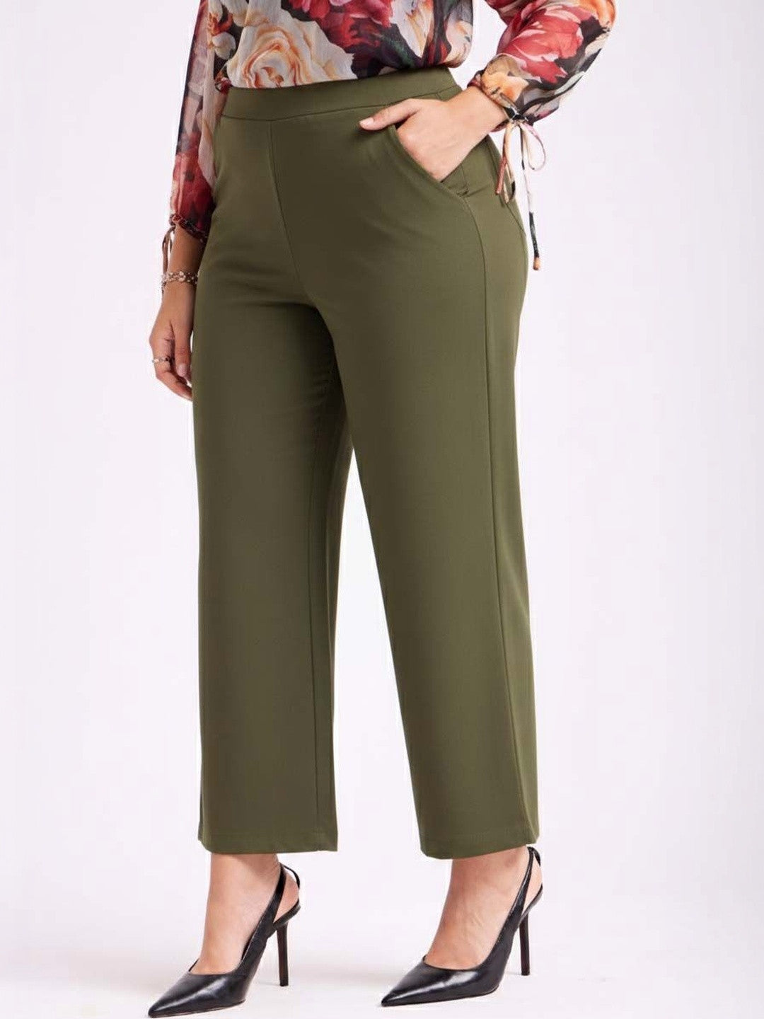 Green Straight Fit High-Rise Trousers for Women | Kotty